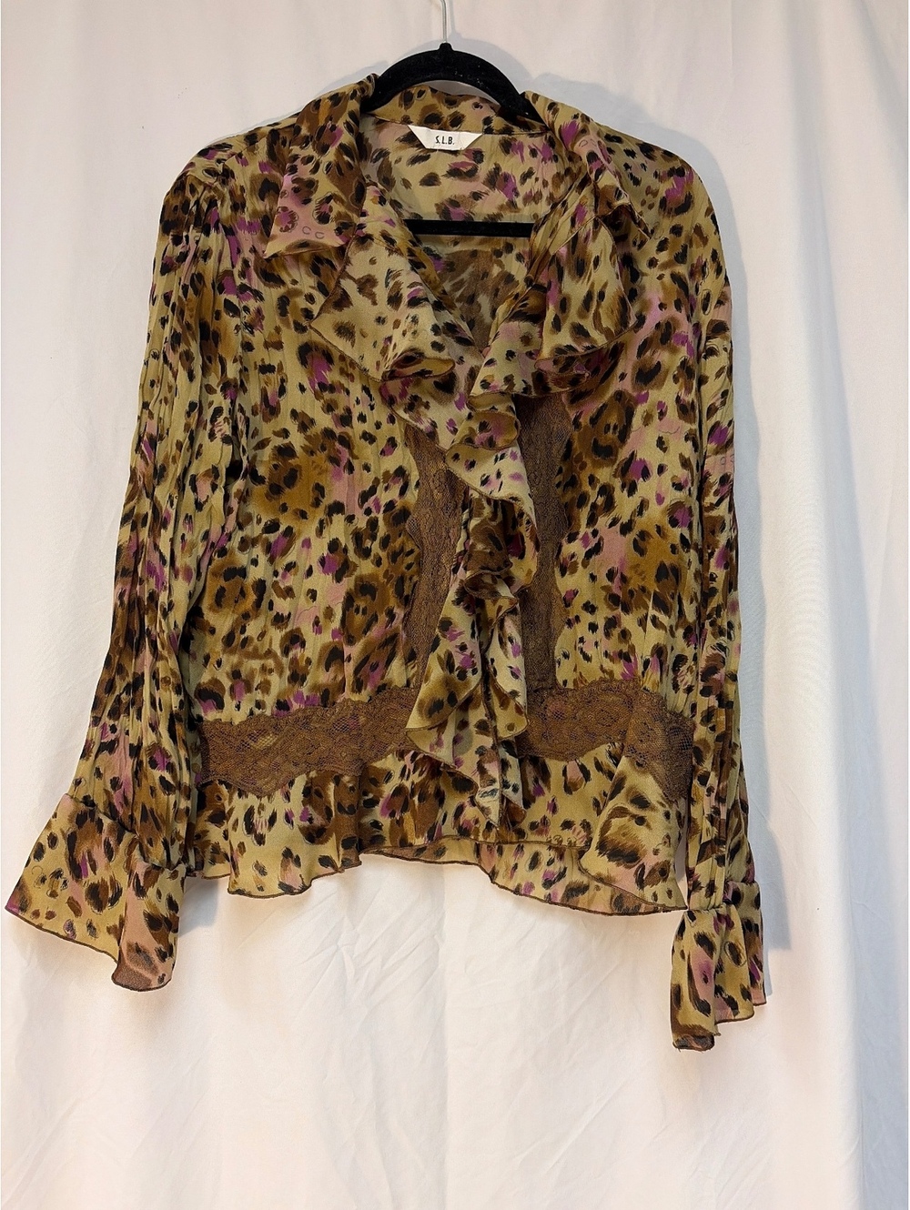 S.L.B. Leopard Print Ruffle Blouse with Lace Detail